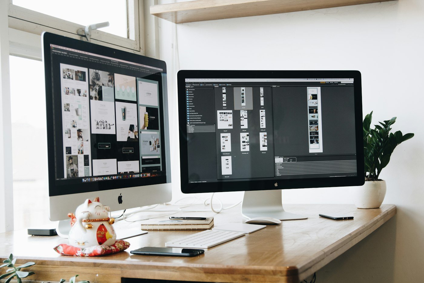 Web design workspace with two monitors